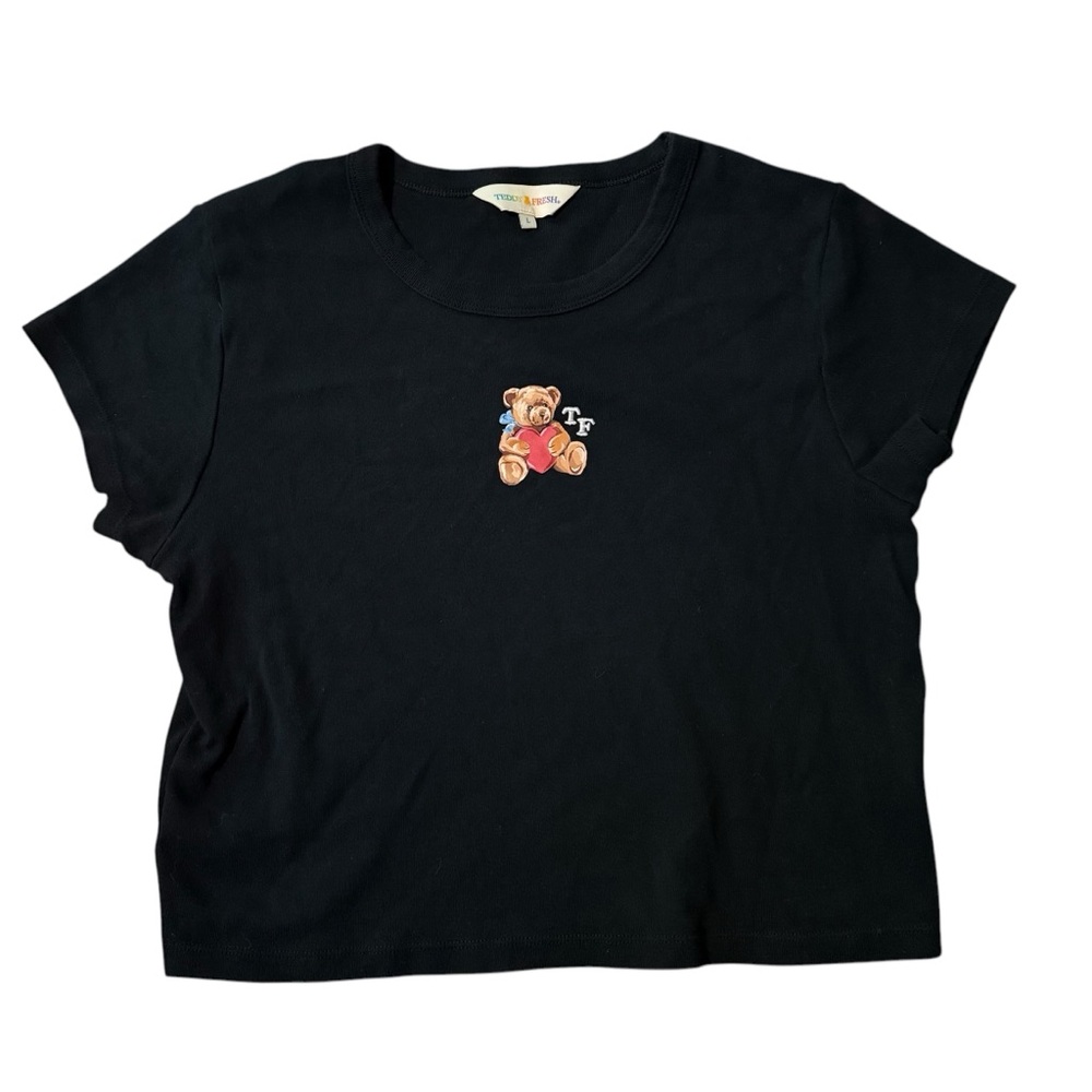 Teddy Fresh black cropped babydoll tee tshirt womens sz Large black embroidered